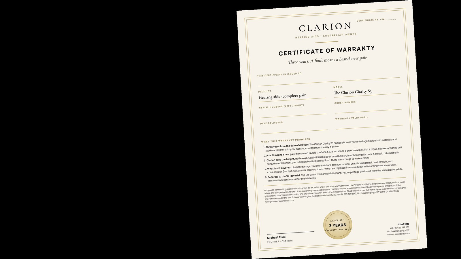The signed Clarion Certificate of Warranty that comes in every box